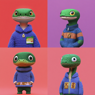 snake, a pixar character, is anthropomorphized, wearing a knitted sweater with a wool felt texture, high-quality photo.