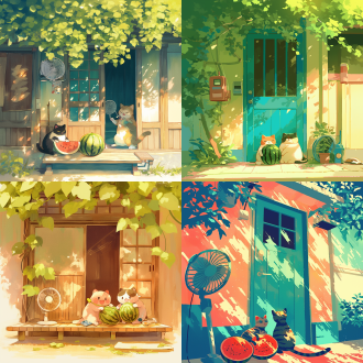 树荫下，两只猫坐在门口拿着西瓜，吹着电风扇，斑驳的光斑，卡通可爱，治愈系，治愈风格，插画