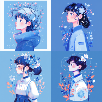 一张简单的人物全身插画，蓝色背景，采用胶印海报设计，庆祝科技与自然之美的完美融合。