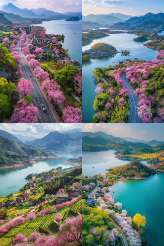 湖岸长廊桃花树绿山黄稻田悬崖真实航拍高清画面绚丽色彩春日浪漫高分辨率鸟瞰角度风景画般美不胜收，全景构图，自然光，广角镜头，鲜艳色彩，细腻纹理，宁静氛围，生机勃勃。