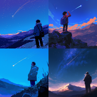 年轻男子仰望流星，山间小径，星空背景，仰视视角，长焦镜头，夜景模式，冷色调，流星轨迹，宁静，希望。