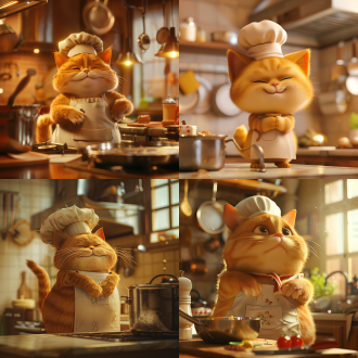 圆润橘猫厨师，卡通风格，3d立体，电影级质感，室内厨房，软侧光，暖黄调，特写镜头，营造温馨可爱氛围。
