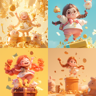 蓬松长辫子，白色衣服，粉色短裤，可爱胖小女孩，手持金币，站巨大存钱罐上，大量留白背景，全身可见，卡通ip风格，动感十足，配色柔和，3d建模c4d，超高品质ultra hd 8k，水果元素，卡通ip风格，科技感，水果蔬菜装饰，水果武器，视图，3d建模，c4d，ultra hd 8k，皮克斯动画。