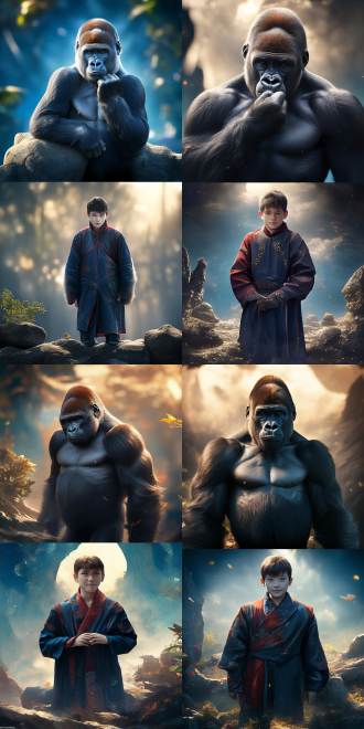 大猩猩，森林背景，自然光线，广角镜头，细节丰富，肌肉线条，深棕色毛发，凝视远方，沉思表情，环境肖像，柔和色调，力量与宁静，深色调，环境光，细节捕捉，肌肉质感，毛发纹理，远景构图，平静氛围，自然元素，生态摄影。