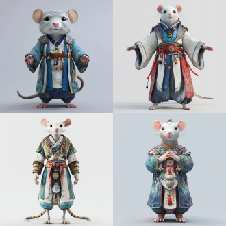 白色的背景，玉石质感，敦煌风格，站立，全身，鼠人，鼠脸，角色穿着一套敦煌风格的服装，服装以白色为主，以蓝色和红色为辅，3d，c4d，blender，高细节，高清图