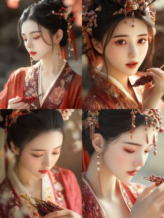 一个古代美少女，捧着花椒，近景 中式服装