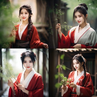 现代美少女手持花椒，汉服飘逸，古典与现代融合，柔和光线，室内背景，长焦镜头，自然光，微笑表情，红色花椒与淡雅汉服对比，温馨和谐。