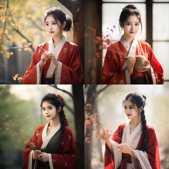 现代美少女手持花椒，汉服飘逸，古典与现代融合，柔和光线，室内背景，长焦镜头，自然光，微笑表情，红色花椒与淡雅汉服对比，温馨和谐。