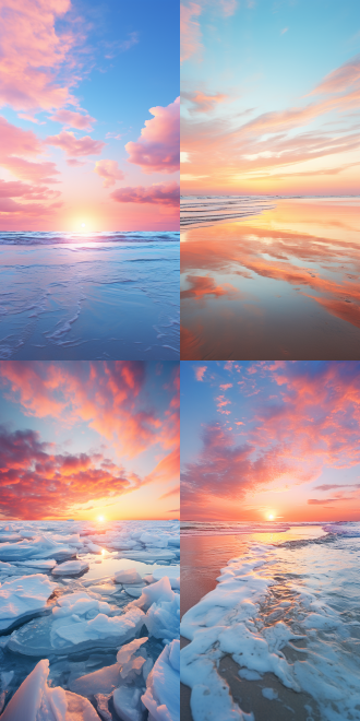 海滩日落，对称风景，柔和光线，宁静氛围，温暖色调，沉浸感。海滩，玫瑰海，日落，对称风景，柔和色调，广角镜头，水面倒影，微风，宁静祥和。