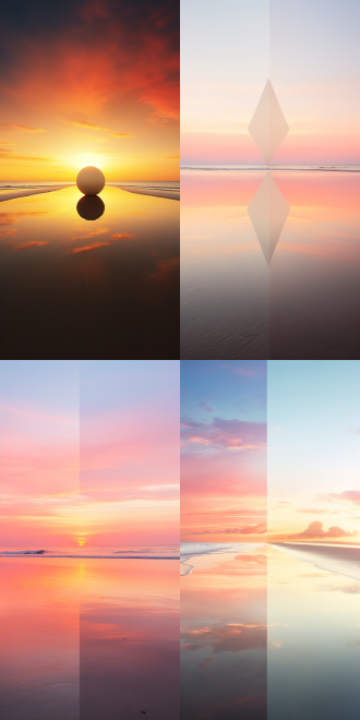 海滩日落，对称构图，柔光，宁静氛围，暖色调，沉浸感。海滩，玫瑰色海洋，日落，对称构图，柔色调，广角镜头，水面反射，微风，宁静祥和。