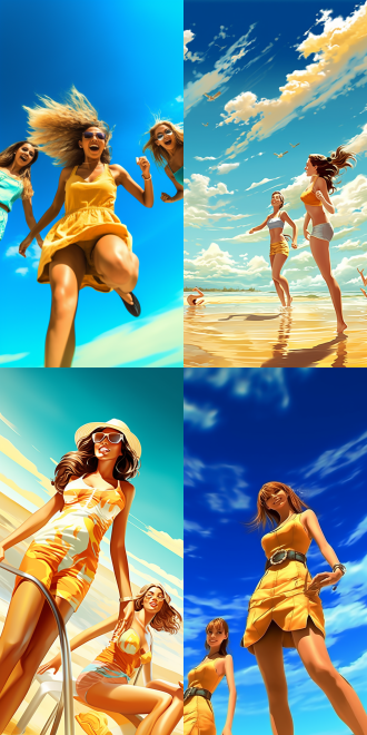 沙滩比基尼美女，金色沙滩，蔚蓝海天，高饱和度，广角镜头，自然光，微笑，自信，夏日风格，阳光，细腻肌肤，波浪轻拍，水平构图，明亮色调，温暖光线，轻松氛围，时尚装扮，海滩背景，清新表情，活力姿态，夏日风情。