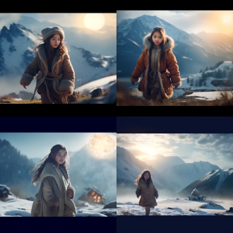 小女孩雪山行走，中景，16:9，张艺谋风格，生机盎然，第二地球，雪山背景，柔和光线，长焦镜头，自然环境，温暖色调，希望表情，行走动作，宁静氛围。