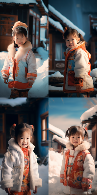 小女孩踏雪，中景长焦，大雪纷飞，冷色调，屋顶积雪，房屋倒挂冰凌，对角线构图，侧逆光，3d效果，花棉衣，蓝色棉裤，表情专注，摄影纪实，冬季风景，雪地，静态，清晰，寒冷，宁静。 月球空间