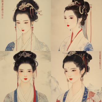 正方形精美包装图，国潮风，京剧插画，女子头戴蛇形簪子，耳饰蛇形，工笔画，古风，唐朝发饰，身穿汉服，正面，细腻笔触，对称构图，高饱和色彩，传统纹样，柔和光线，静态，优雅，神秘。