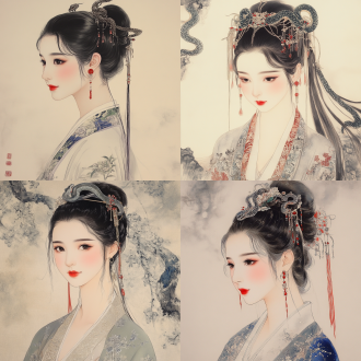 正方形精美包装图，国潮风，京剧插画，女子头戴蛇形簪子，耳饰蛇形，工笔画，古风，唐朝发饰，身穿汉服，正面，细腻笔触，对称构图，高饱和色彩，传统纹样，柔和光线