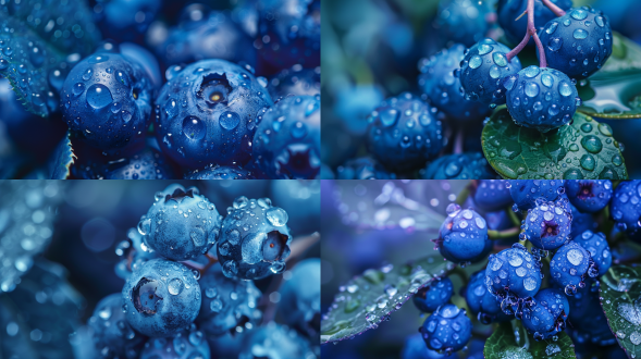 野生蓝靛果特写，蓝色调，水珠覆盖，高清细节，静物摄影，微距镜头，自然光，冷色调，清新，诱人。