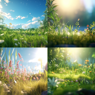 新海诚动画风格，丰富植物，近景草地，细节丰富，白天阳光充足，柔和光线，自然色彩，广角镜头，清新氛围，生机勃勃。