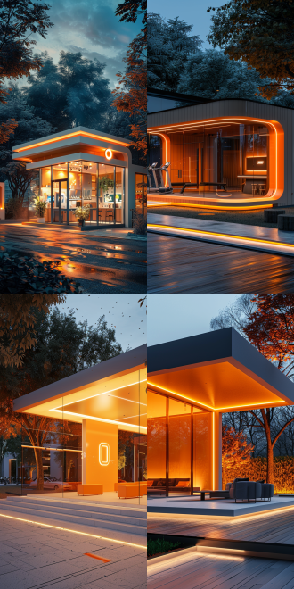 极简空间户外健身品牌夜间展场，橙白配色3d装置，超侧视角，徕卡镜头，3d渲染，超写实，超清画质，9:16。