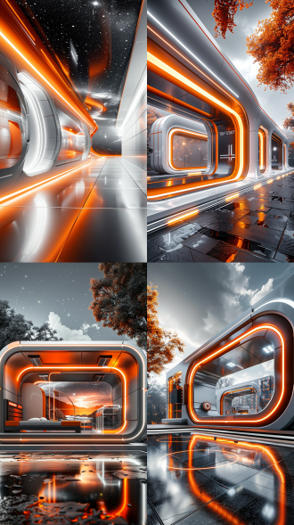 极简空间户外健身展场夜景，橙白配色3d装置，超侧视角，徕卡镜头，3d渲染，超写实，超清画质，9:16