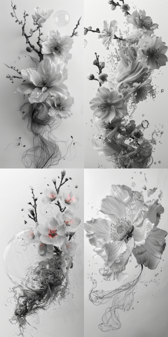 草月流白色花，耳机，爆炸气泡，丝绸随风飘，纺织元素，种子丰硕，黑笔白纸上，16:9 比例，zbrush 风，动态不自然，暖光。