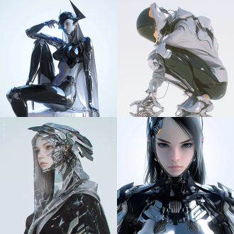 猫头人身，优雅姿态，金属质感，白色背景，3d艺术，c4d制作，工作室灯光，8k高清，3:4比例，赛博朋克风格，未来感，光滑表面，冷色调，精细纹理，立体感，静态动作，神秘表情，科幻元素，高分辨率，细节丰富，光影对比，科技感。