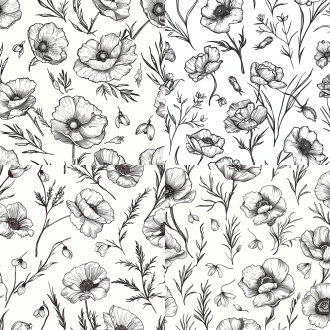 无缝图案设计，黑墨线艺术，罂粟花，流行角色设计，牡丹，黑白调色板，铁皮，杂草丛生，银莲花，丝绸服装，合成材料，黑色肺部细节，天篷，多种植物，丝带，高对比度，细节丰富，线条流畅，自然元素，黑白摄影，创意构图，艺术感。