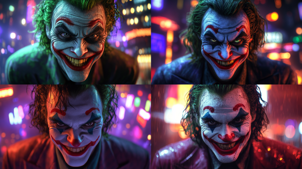 二次元动漫小丑，夸张妆容，狡黠微笑，舞台背景，霓虹灯光，广角镜头，高饱和度，动态模糊，戏剧性，神秘感。