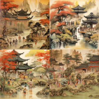 中国水墨画风格，背景不要虚化、场景是周朝年代的农村建筑，山谷溪边，人物是一群女孩荡秋千，小群男孩水里玩耍，层次色彩分明，超高分辨率，暖色调，侧光，宁静。