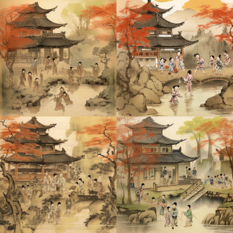 中国水墨画风格，背景不要虚化、场景是周朝年代的农村建筑，山谷溪边，人物是一群女孩荡秋千，小群男孩水里玩耍，层次色彩分明，超高分辨率，暖色调，侧光，宁静。