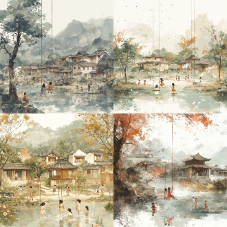 中国水墨画风格，背景不要虚化、场景是周朝年代的农村建筑，山谷溪边，人物是一群女孩荡秋千，小群男孩水里玩耍，层次色彩分明，超高分辨率，暖色调，侧光，宁静。