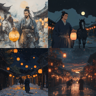人物年代：周朝时期 环境：冬天的夜晚，宁静的街道。 场景：一个手拿灯笼穿着周朝服饰的男人，在八月十五的月圆之夜，牵着马匹走在满是灯笼的大街上，寂静无人。满天星斗。 氛围：柔和，中间色调 风格：中国水墨画 灯光：月光，柔和一点 构图：远景构图，俯瞰构图、、全景构图、平视角构图。