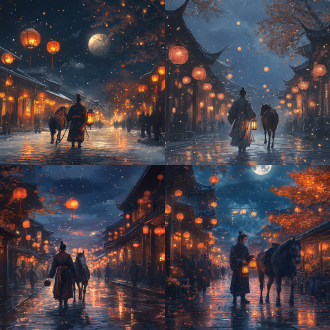人物年代：周朝时期 环境：冬天的夜晚，宁静的街道。 场景：一个手拿灯笼穿着周朝服饰的男人，在八月十五的月圆之夜，牵着马匹走在满是灯笼的大街上，寂静无人。满天星斗。 氛围：柔和，中间色调 风格：中国水墨画 灯光：月光，柔和一点 构图：远景构图，俯瞰构图、、全景构图、平视角构图。