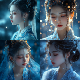 一个中国古代少女，精致五官，绝美妆容，白皙肤色，发鬓，穿古装，中国风，全身，全景透视，玄幻世界，柔光，正视图，清冷，月光，宇宙星辰