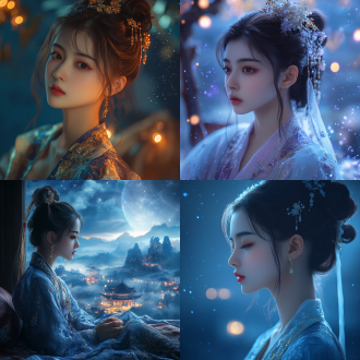 一个中国古代少女，精致五官，绝美妆容，白皙肤色，发鬓，穿古装，中国风，全身，全景透视，玄幻世界，柔光，正视图，清冷，月光，宇宙星辰