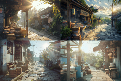 白天阳光明媚，顶光光源，平视，乡村包子铺，石板路，包子蒸笼，炉子，遮阳布，c型构图，现实风格，道路，建筑，天空，树，植被，电杆，暖色调，中景构图。