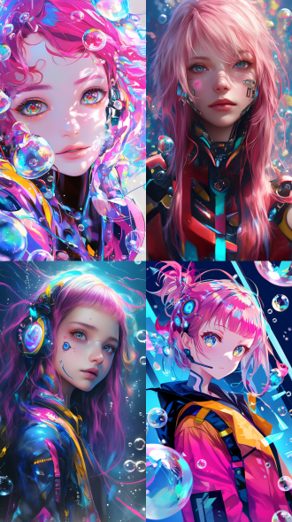 一个漂亮女孩，粉色头发，大眼睛，身材五彩科技外套，在一个充满气泡的世界，半身像，赛博朋克风格，超高分辨率，8k，超详细细节