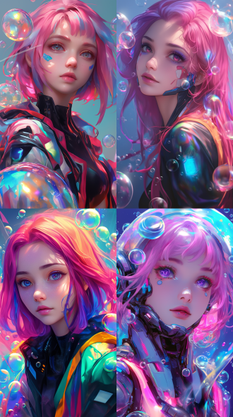 一个漂亮女孩，粉色头发，大眼睛，身材五彩科技外套，在一个充满气泡的世界，半身像，赛博朋克风格，超高分辨率，8k，超详细细节