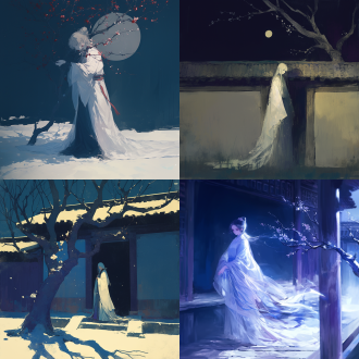 白衣古装女子背影，屋檐下，梅花树旁，清冷月光，孤寂哀伤，古风，长裙拖地，侧影轮廓，低饱和色调，广角镜头，柔和光线，静态，冷色系，忧郁氛围。