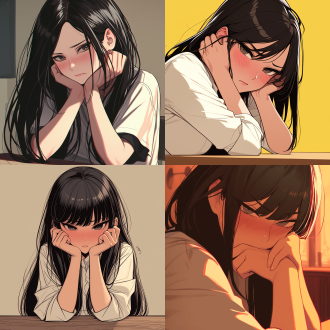 黑长直女性，正面面对镜头，高对比度，挑衅，黑色长发，白色衬衫，韩国漫画风格，近距离特写，看着镜头，坐在桌子上，手撑着脸颊不满的看着镜头，脸颊泛红，动漫风格，高对比度，黑白对比，侧光，特写镜头，不满表情，红色脸颊，挑衅眼神，手撑脸颊，桌子背景，漫画风格，近距离拍摄。