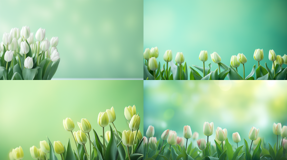 郁金香在绿色背景中，中心构图，浅景深，极简风格，自然光下，柔和光线，简洁线条，自然材质，绿色调，宁静氛围，柔和过渡。