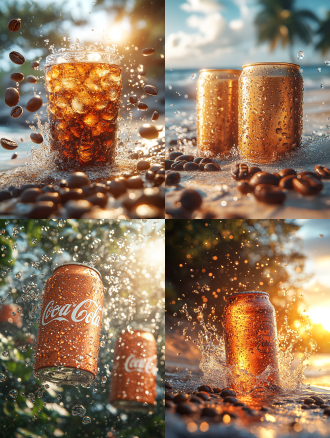 可乐罐装饮料漂浮，热带海滩背景，凝结水滴，咖啡粉碎，阳光照射，高分辨率，广角镜头，超细节，夏季色彩，反光，激动人心，咖啡豆，动态，自然照明，深度纹理，唤起感觉和欲望。 oc渲染器 超现实主义 镜头光晕 背景虚化 明亮的
