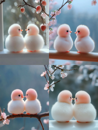 两只像桃子的肥胖鸭宝宝，站在墙台上看远方，互动，不要显示脸的背部图，白色和粉色，桃花，童真表情，蓬松感，柔软细腻，干净的背景，最佳质量，8k