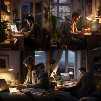 男子专注工作，北欧式公寓，温馨夜晚，柔和灯光，电脑屏幕光，近景，自然光，室内，舒适，宁静。