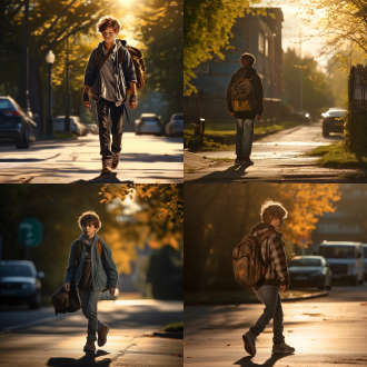少年放学回家，现代都市，路边绿道，阳光侧影，柔和光线，长焦镜头，暖色调，自然环境，坚定步伐，稚气倔强，宁静安详。