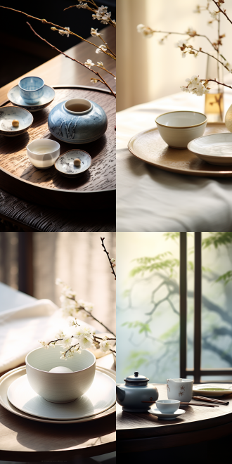 中国衢州主题餐具，精致瓷器，山水图案，圆形餐桌，中式风格，细腻纹理，自然光，微距镜头，静物，和谐，淡雅色彩，宁静。