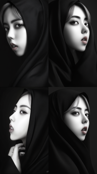 模特摄影，kerli koiv，yi jaegwan拍摄，黑白，近景侧面，jen yoon，精致鼻型，深色长袍，忧虑表情，twitch直播，sun yunjoo，睁眼，锐利目光，高对比度，暗色调，侧光，细节清晰，情感深沉。