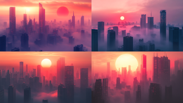 现代化城市摩天大楼，早上日出，红太阳，晨雾，丁达尔光，高分辨率16k画质10亿像素，垂直构图，金属质感，长焦镜头，低角度，光晕效果，繁华，未来感。