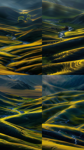 呼伦贝尔秋天，坝上草原，乌兰布统，绿色草原，蒙古包，羊群，小河，绝美风格，绿草，金黄，初秋，内蒙风光，国家地理杂志，16k，16亿像素，乌云密布，丁达尔光，从乌云缝隙出透出的光束，绝美的光束，广角镜头，自然光，暖色调，全景，层次感，宁静，和谐。