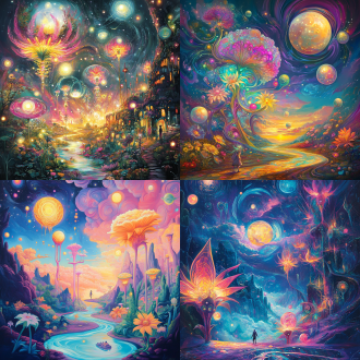 a surreal dreamscape with exaggerated elements: enormous, glowing moons floating close to the ground, towering flowers with petals larger than houses, and a winding river that flows upward into the sky. the sky is filled with swirling, vibrant colors like neon pink, electric blue, and golden yellow. giant, fantastical creatures with shimmering wings and glowing eyes roam the landscape, while a small figure stands in awe, surrounded by floating, glowing orbs. the scene feels both magical and slightly disorienting, with distorted perspectives and impossible shapes blending together in a dreamlike way.