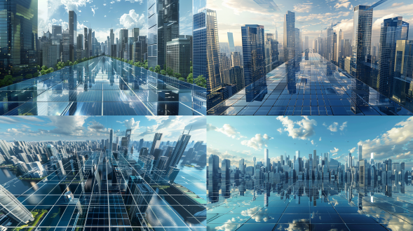 未来，科技，城市，高楼大厦，屋顶光伏，反射，智能化，cbd,大型商业中心，高清，写实，俯视，航拍，白天 超广角，大全景